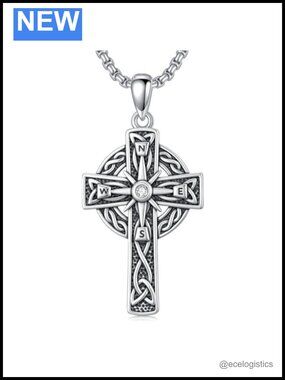 925 Sterling Silver Celtic Compass Cross Pendant Necklace